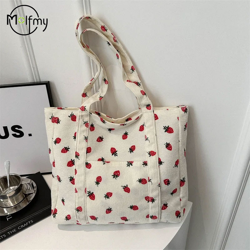 Women Bags Low Price - Corduroy Handbag Strawberries Beach Bag Fashionable
